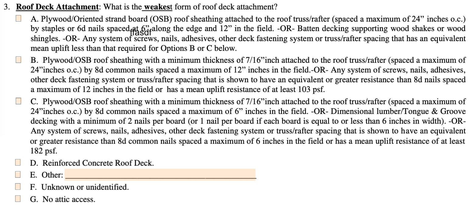Roof Deck Attachment section on Wind Mitigation Inspection Form